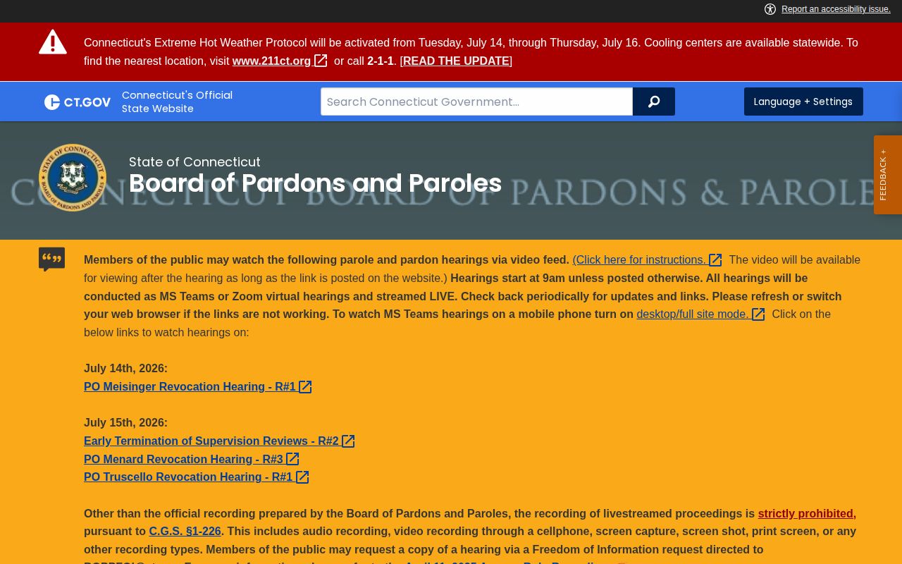 Greenwich parole and probation revocation information from the Connecticut board